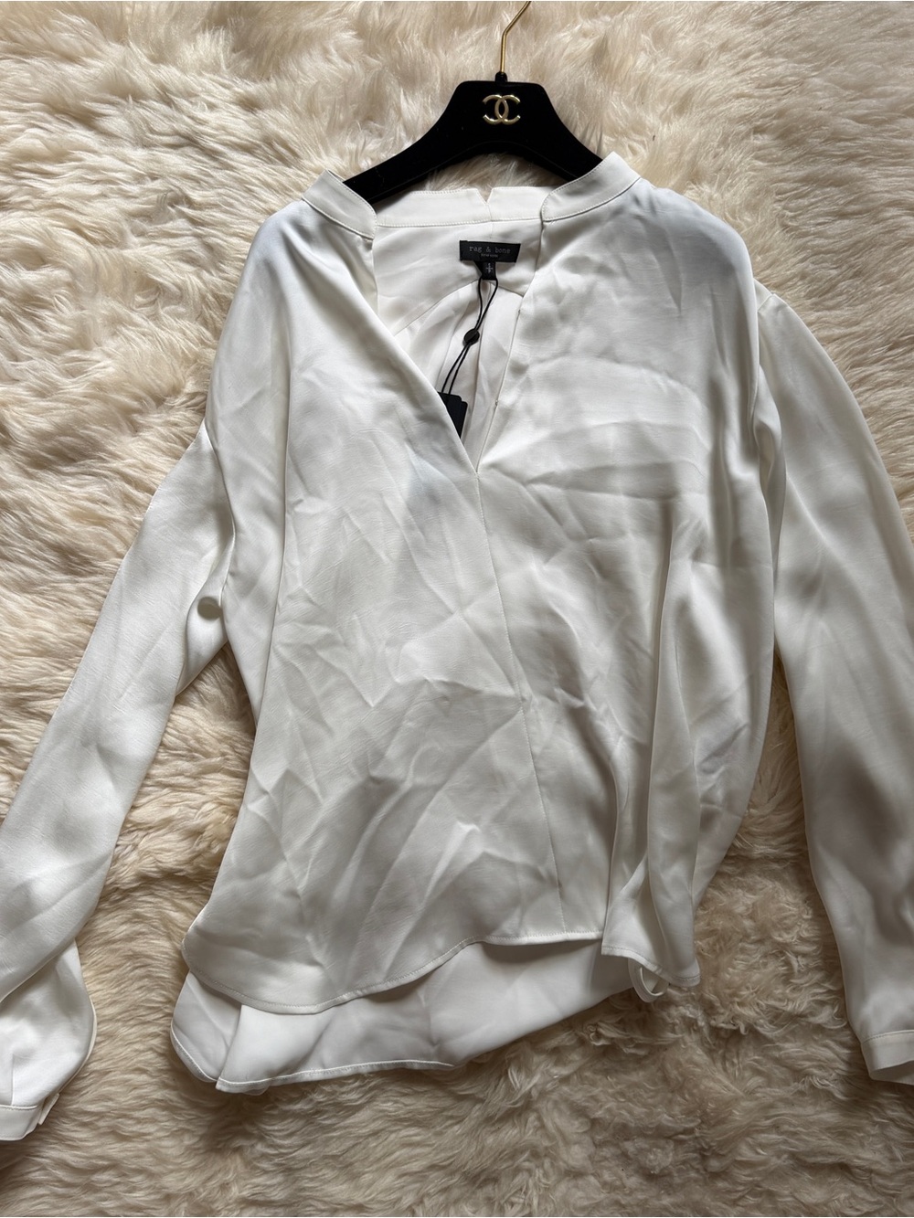 rag & bone White Draped V-Neck Long Sleeve Blouse